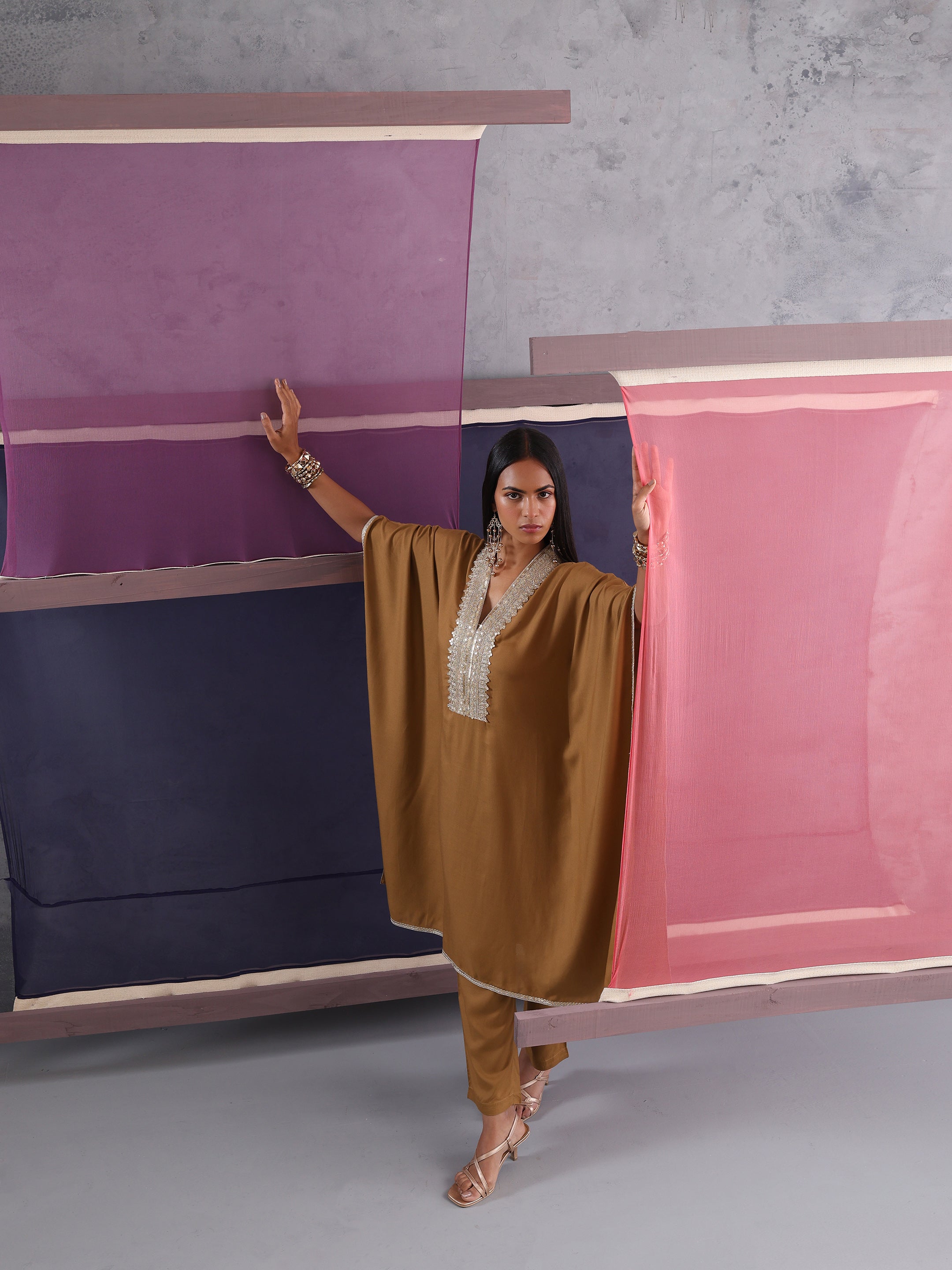 Khushal K Women Motifs V-Neck Brown Kaftan set