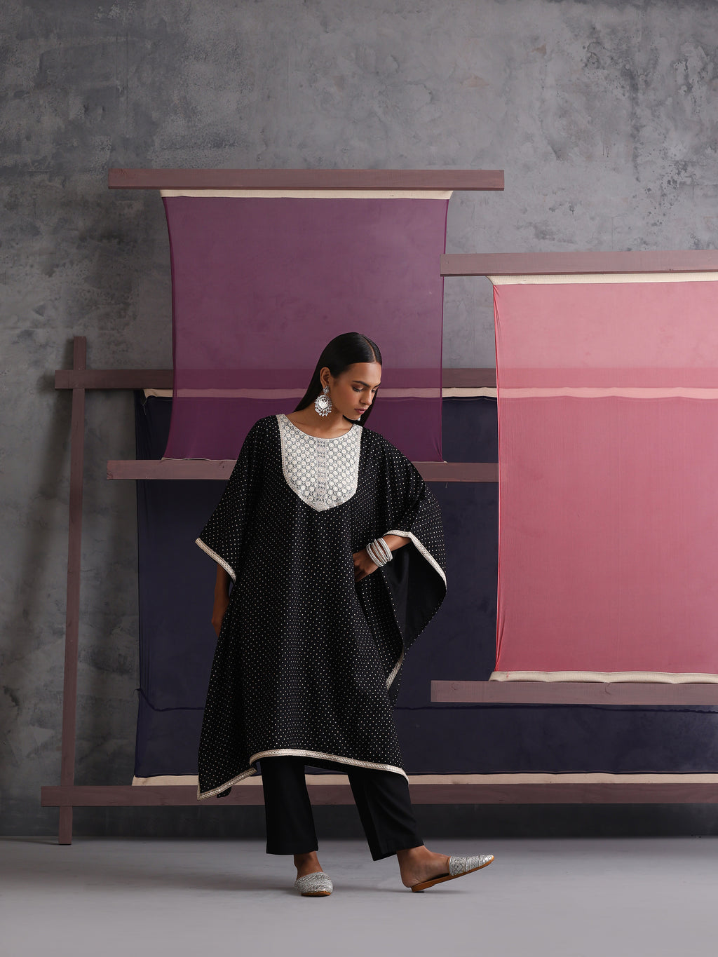 Khushal K Women Embroidered Black Printed Kaftan set