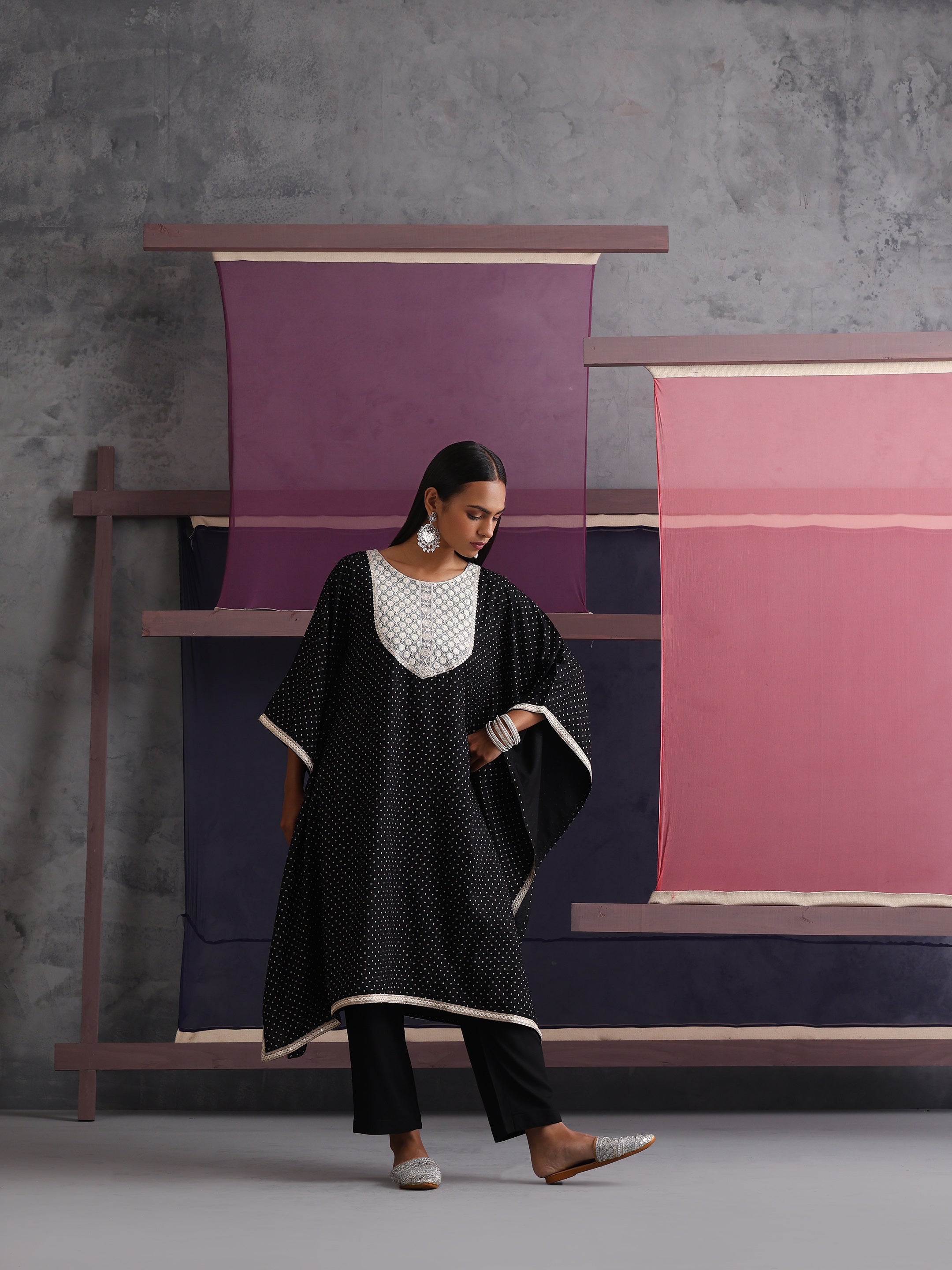 Khushal K Women Embroidered Black Printed Kaftan set