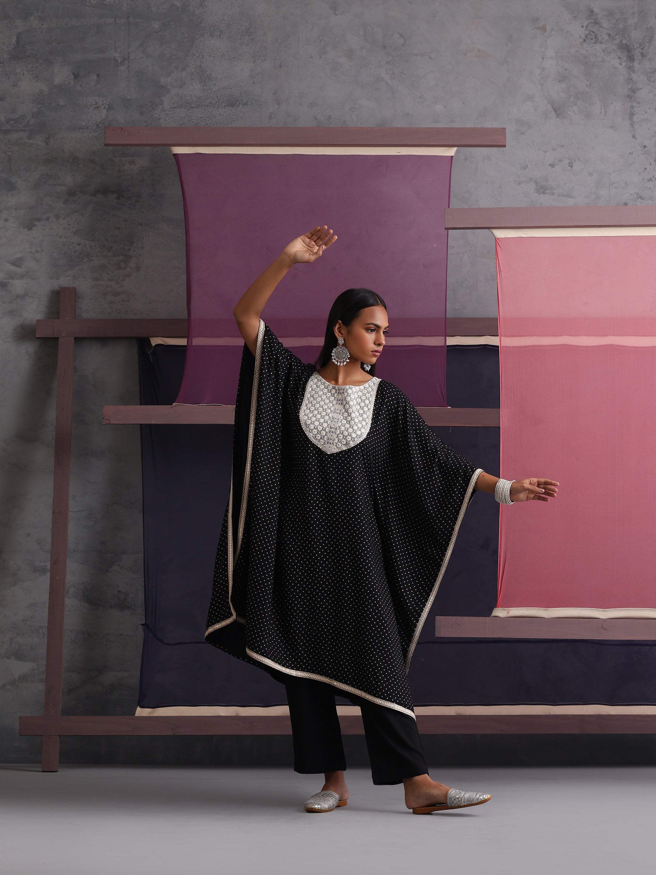 Khushal K Women Embroidered Black Printed Kaftan set