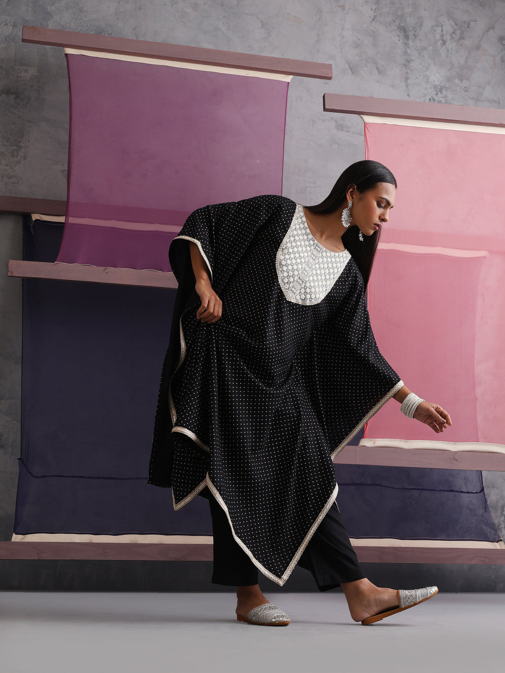 Khushal K Women Embroidered Black Printed Kaftan set