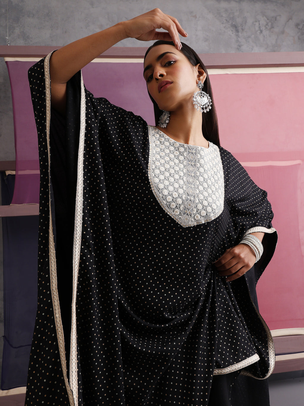 Khushal K Women Embroidered Black Printed Kaftan set