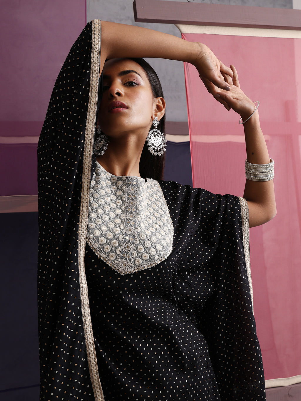 Khushal K Women Embroidered Black Printed Kaftan set