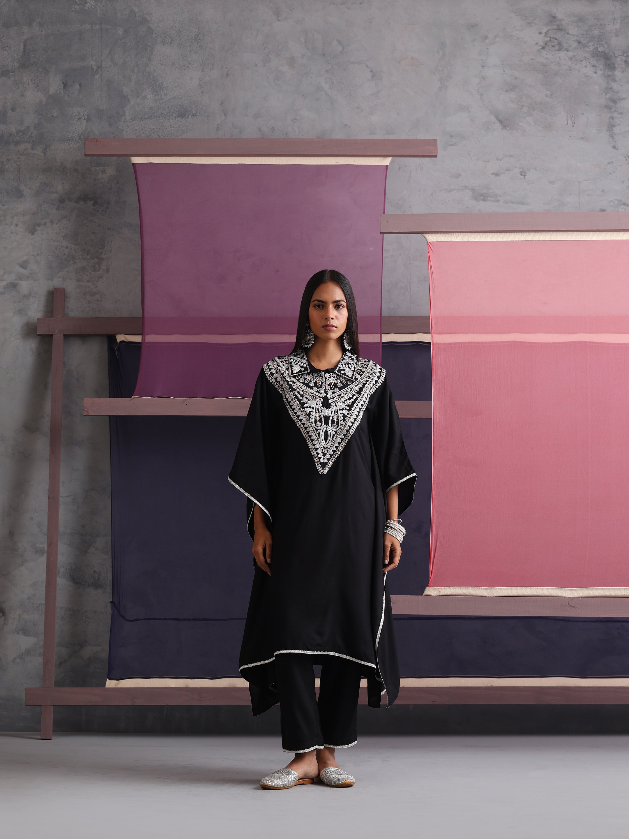 Khushal K Women Embroidered Collar Black Kaftan set