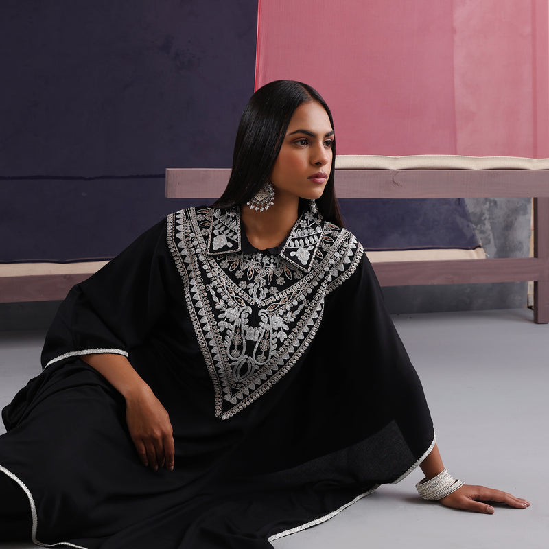 Women Embroidered Collar Black Kaftan Set - Khushal K - Image 11