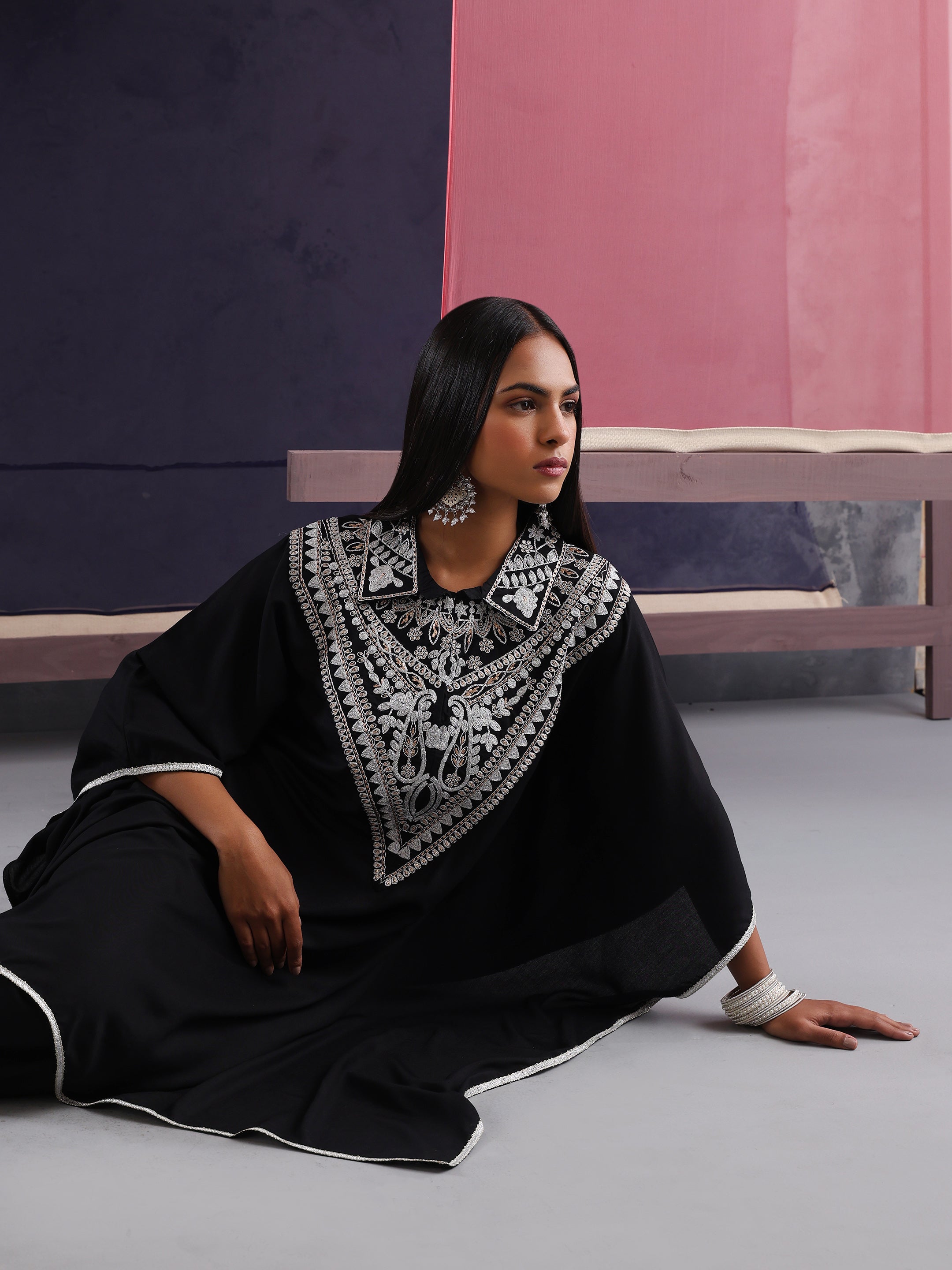 Khushal K Women Embroidered Collar Black Kaftan set