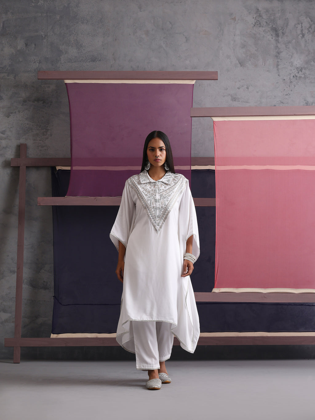 Khushal K Women Embroidered Collar White Kaftan set