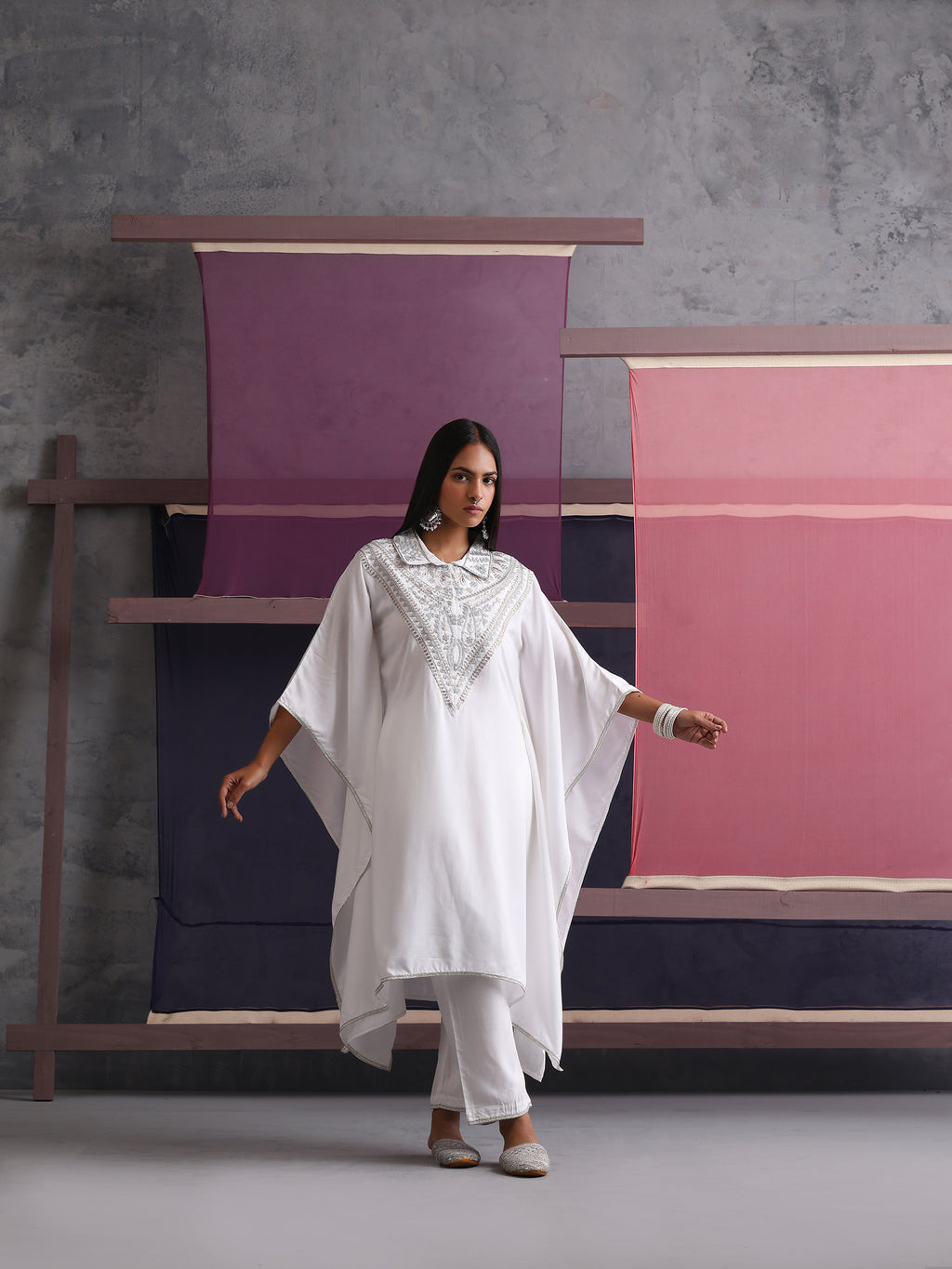 Khushal K Women Embroidered Collar White Kaftan set