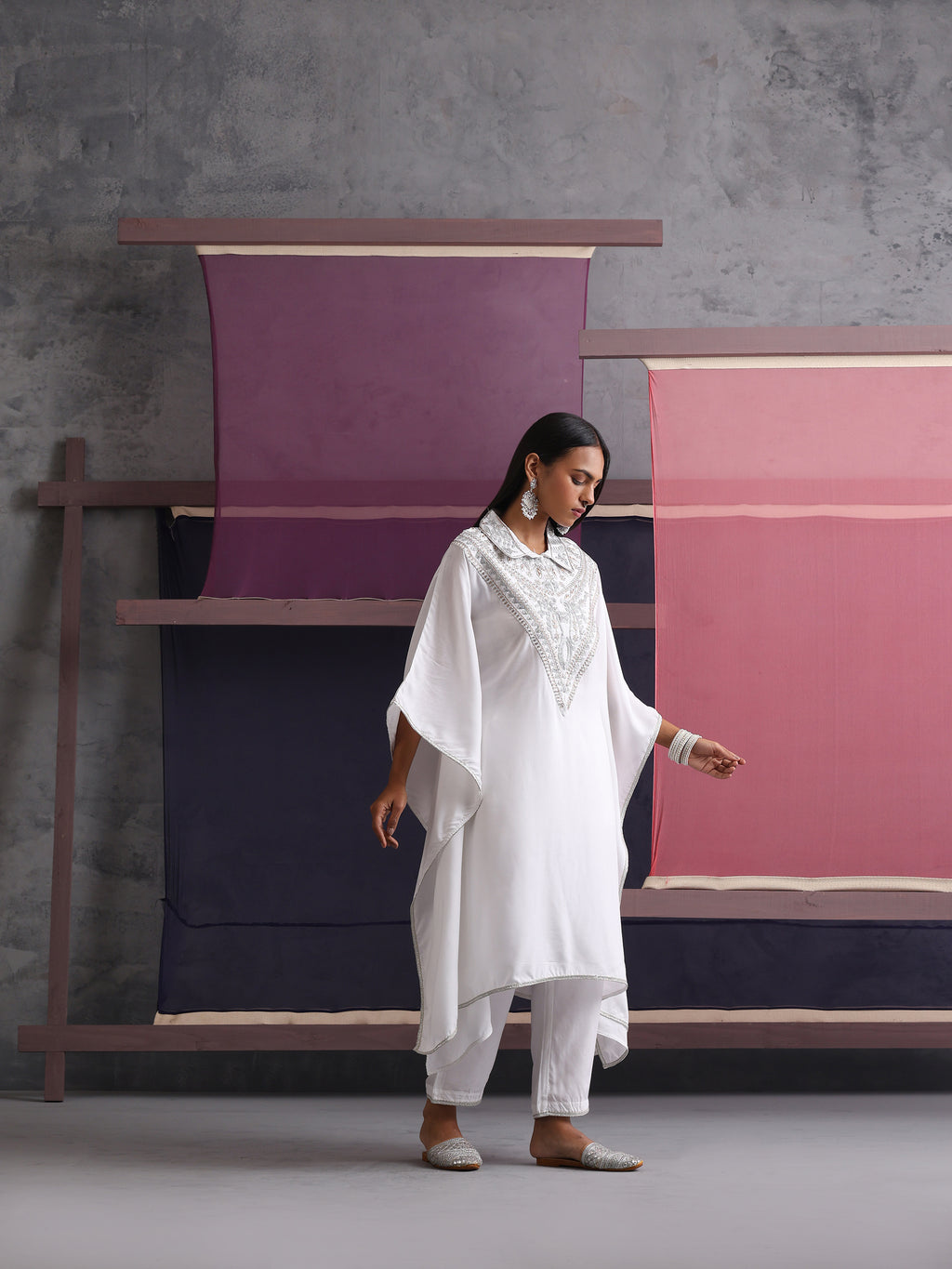 Khushal K Women Embroidered Collar White Kaftan set