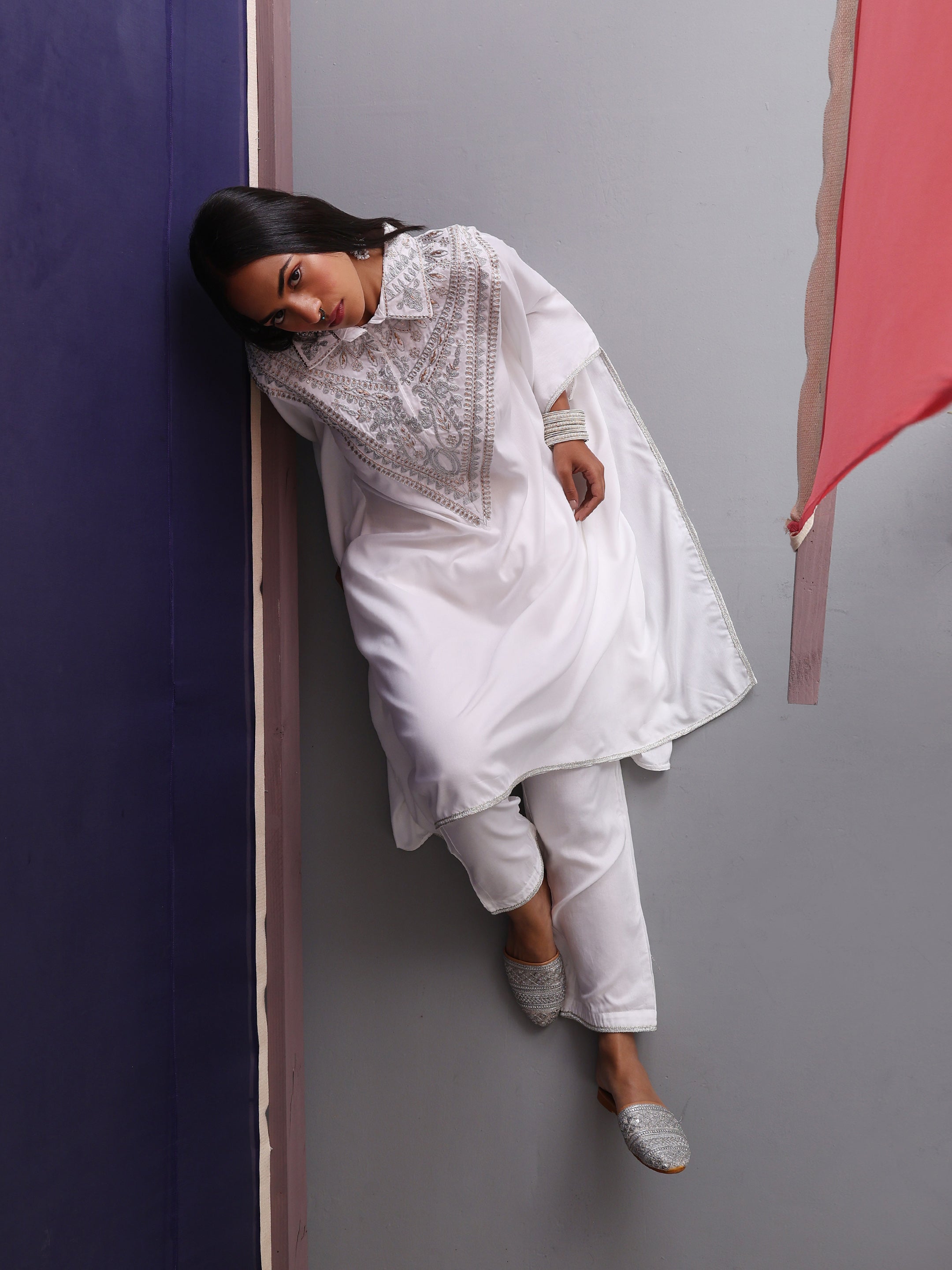 Khushal K Women Embroidered Collar White Kaftan set