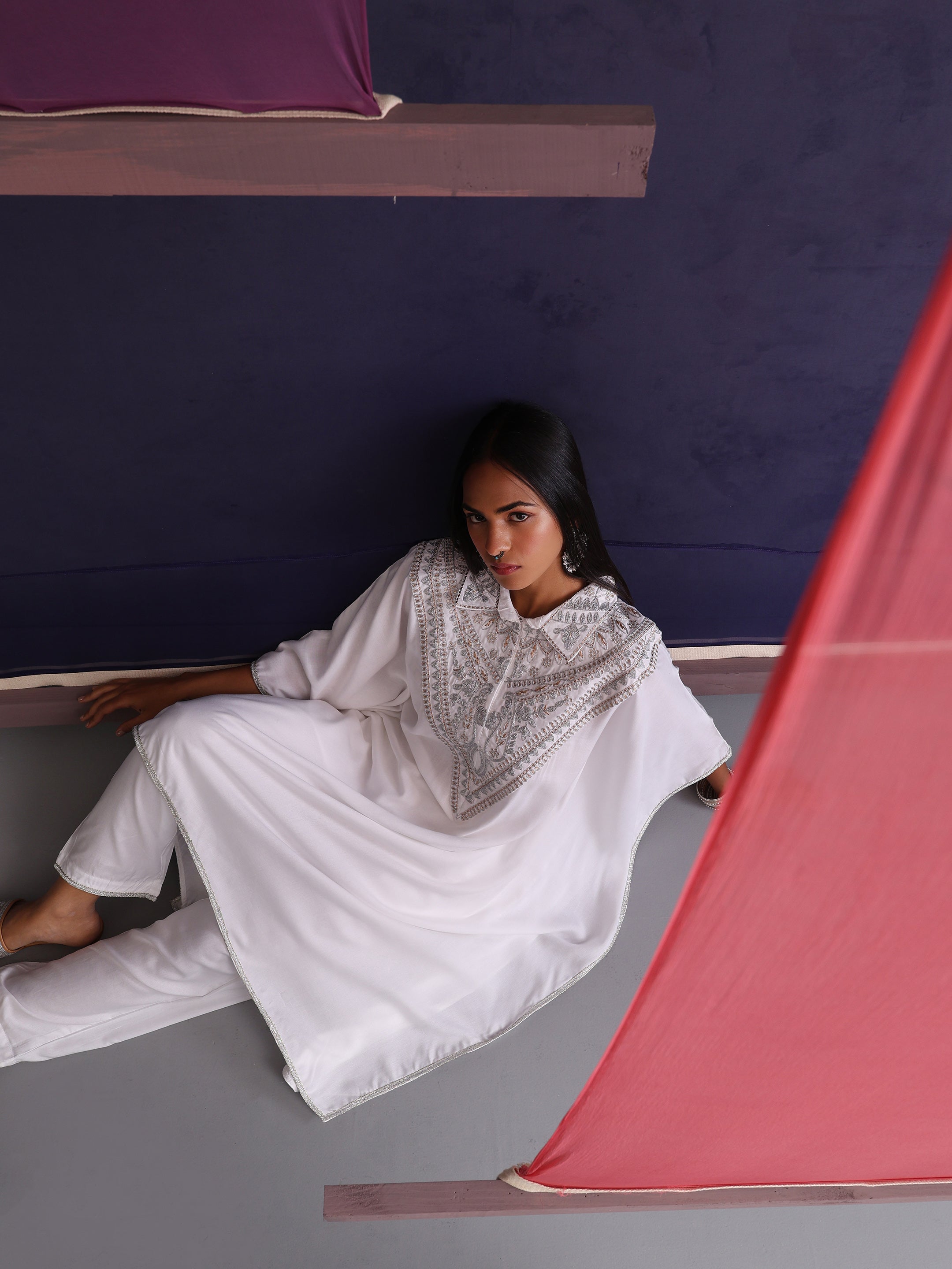 Khushal K Women Embroidered Collar White Kaftan set