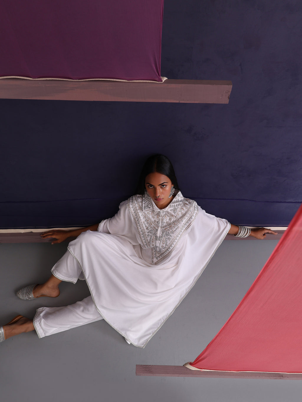 Khushal K Women Embroidered Collar White Kaftan set