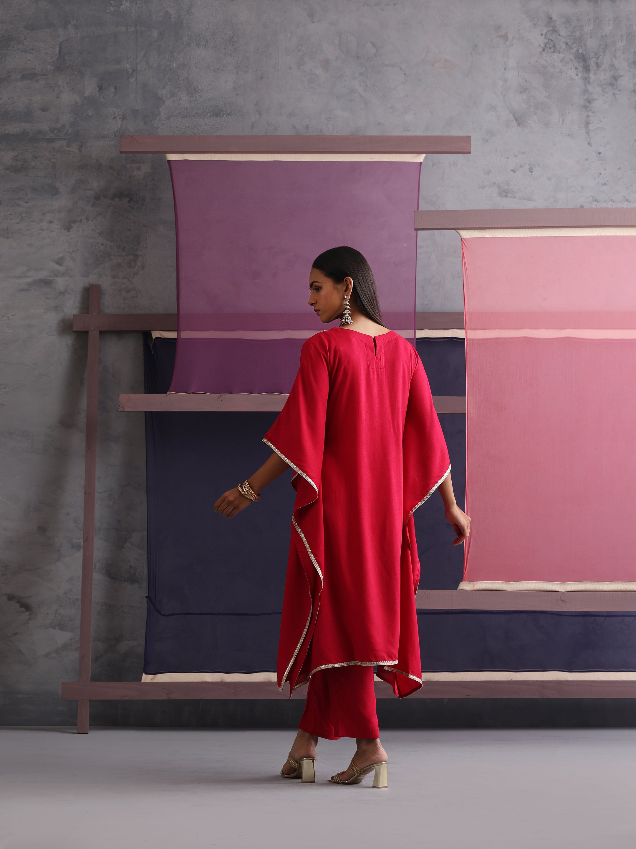 Khushal K Women Motifs Embroidered Pink Kaftan set