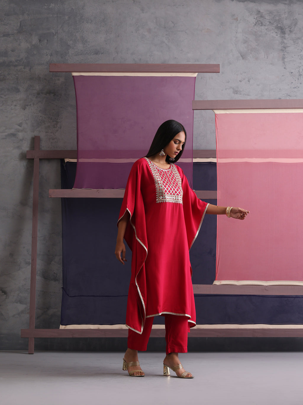 Khushal K Women Motifs Embroidered Pink Kaftan set