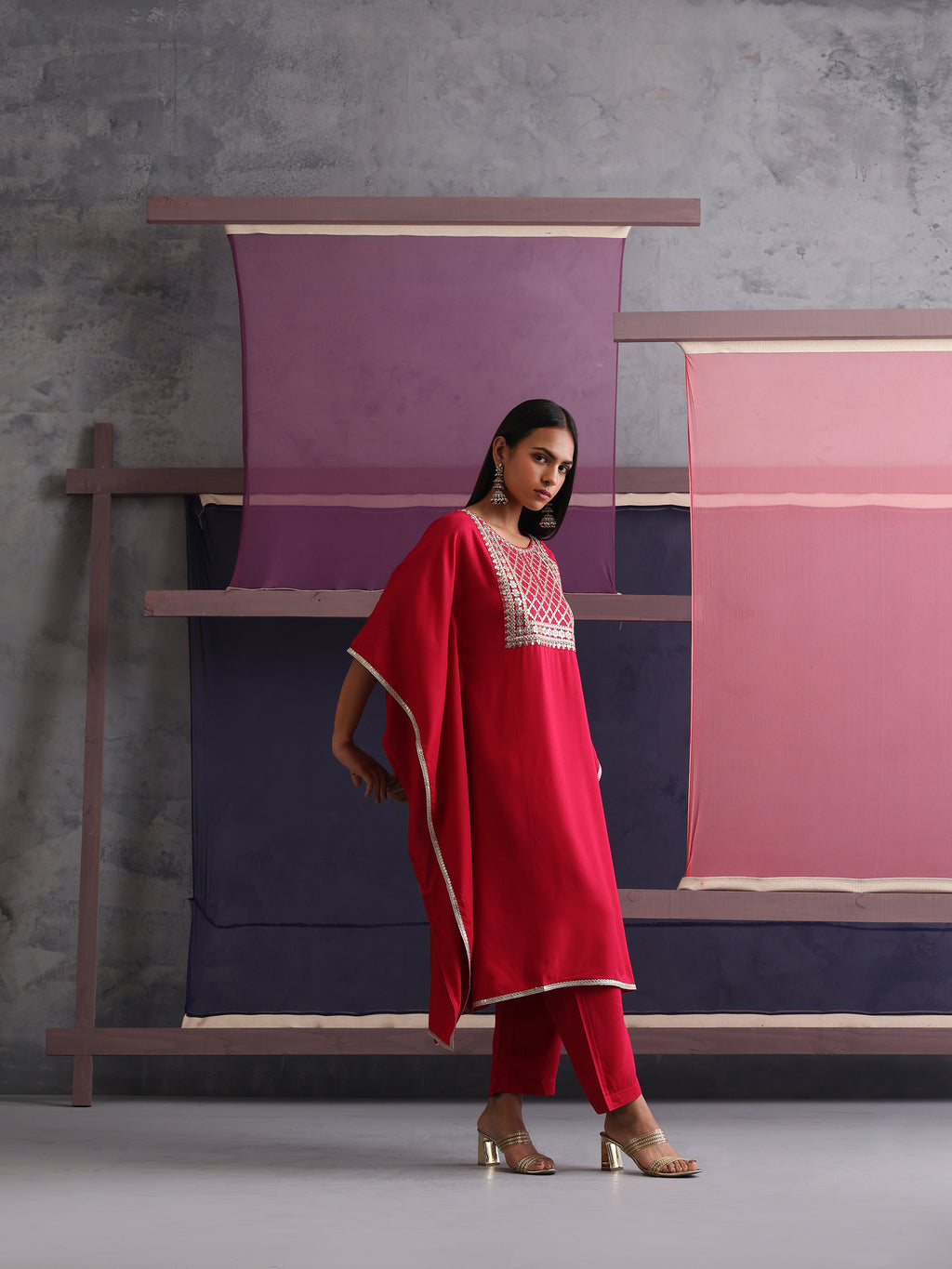 Khushal K Women Motifs Embroidered Pink Kaftan set