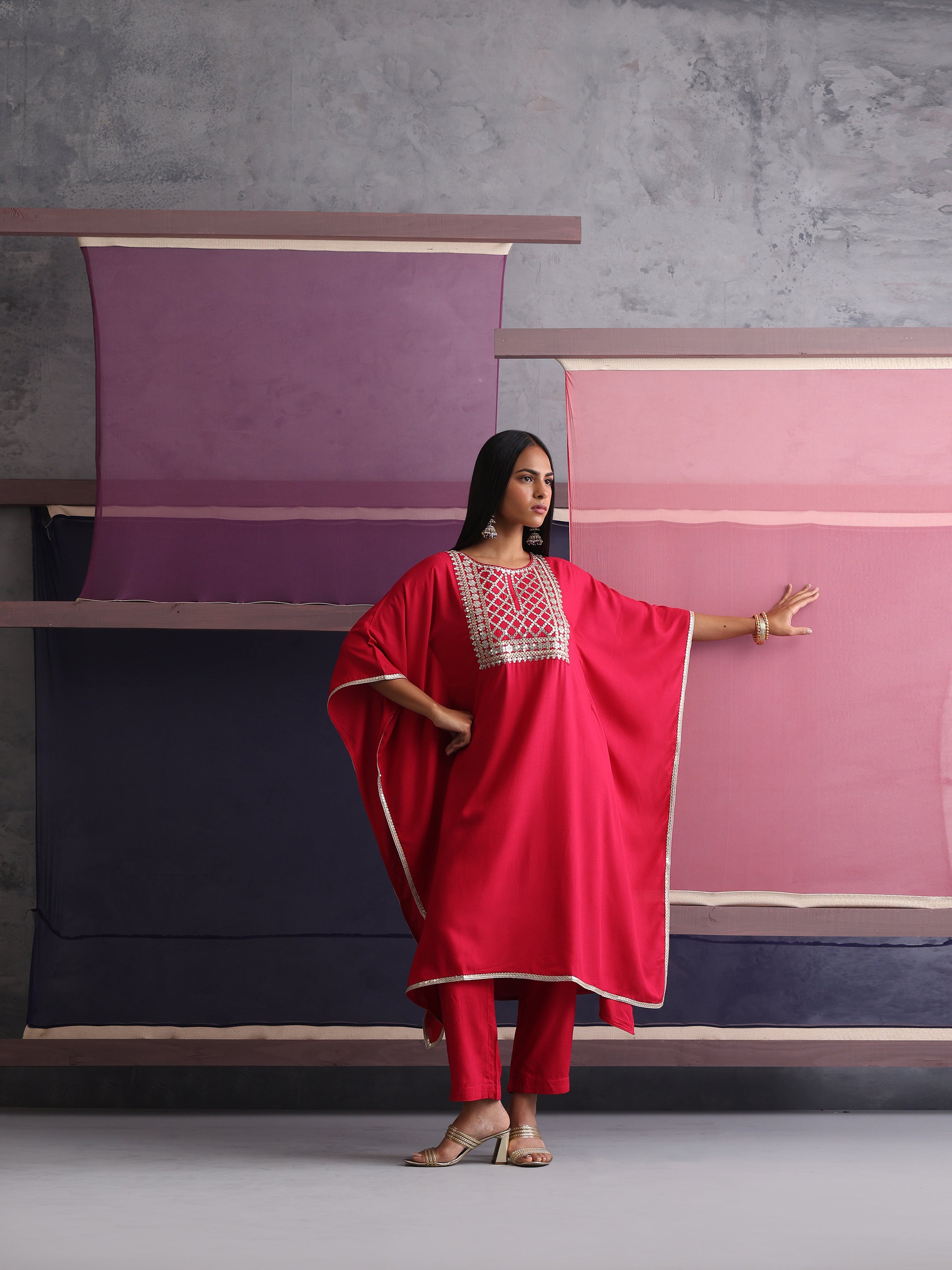 Khushal K Women Motifs Embroidered Pink Kaftan set