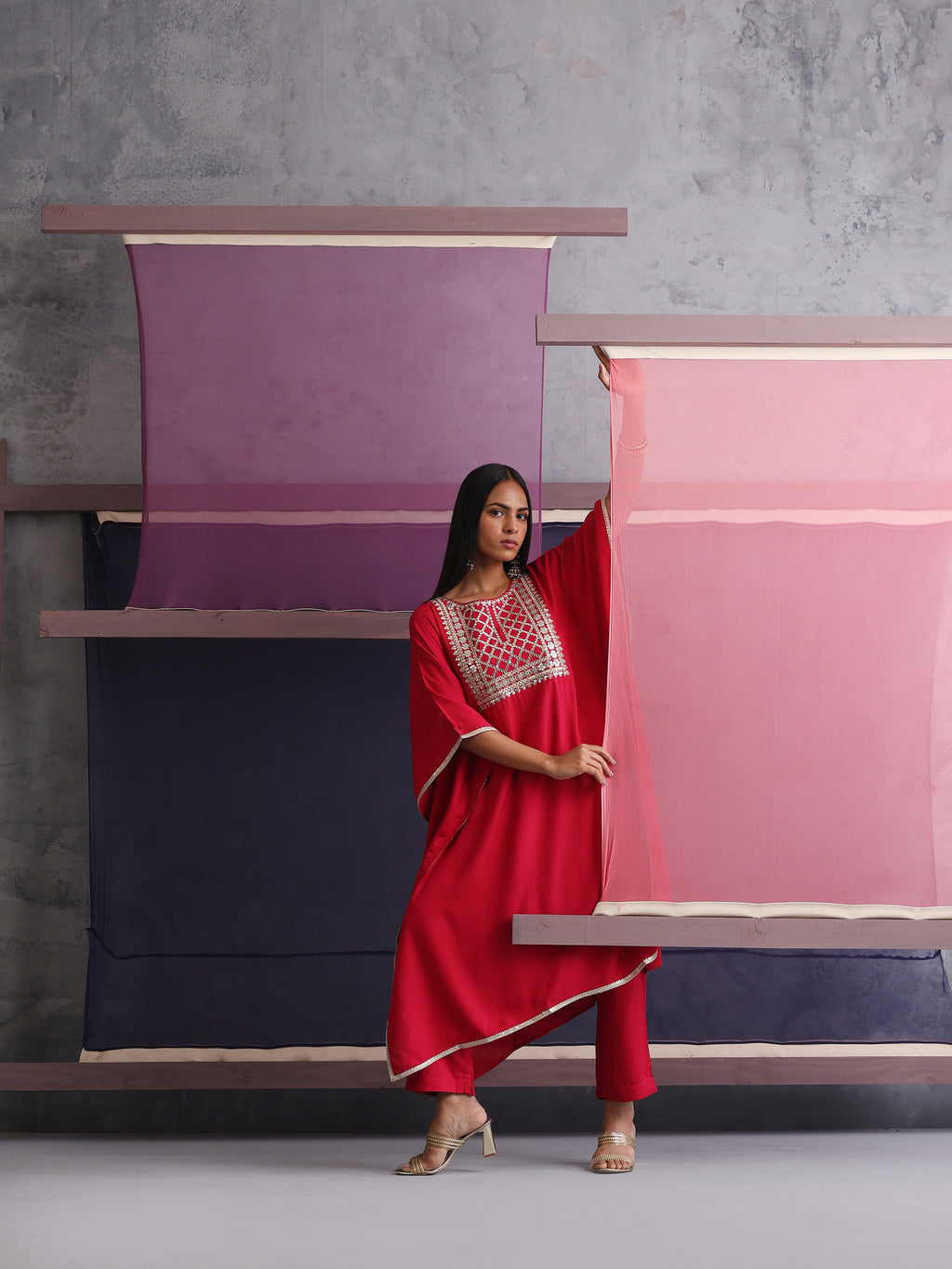 Khushal K Women Motifs Embroidered Pink Kaftan set