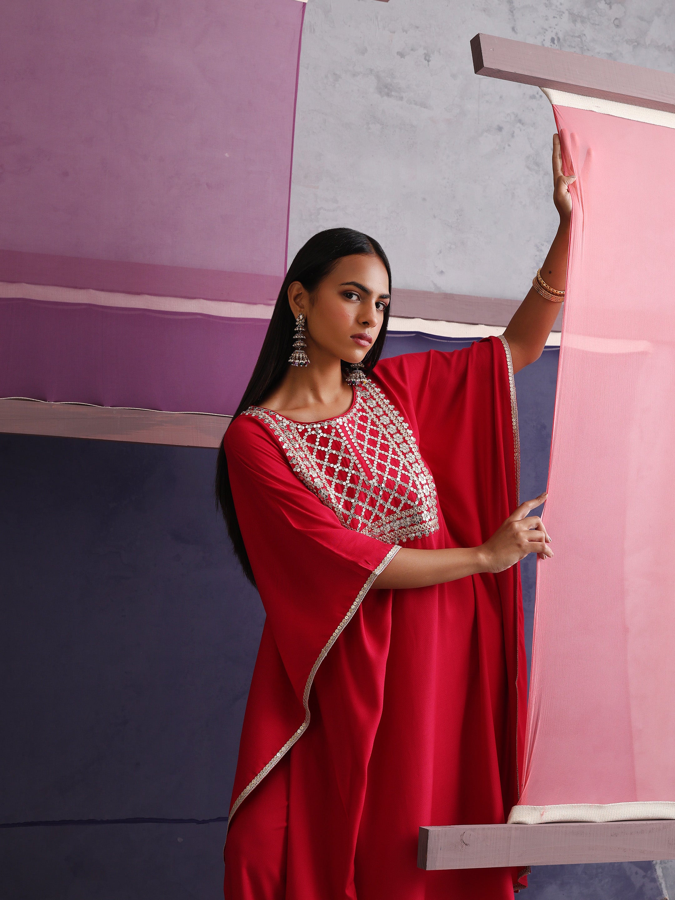 Khushal K Women Motifs Embroidered Pink Kaftan set