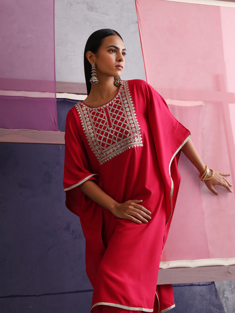 Khushal K Women Motifs Embroidered Pink Kaftan set