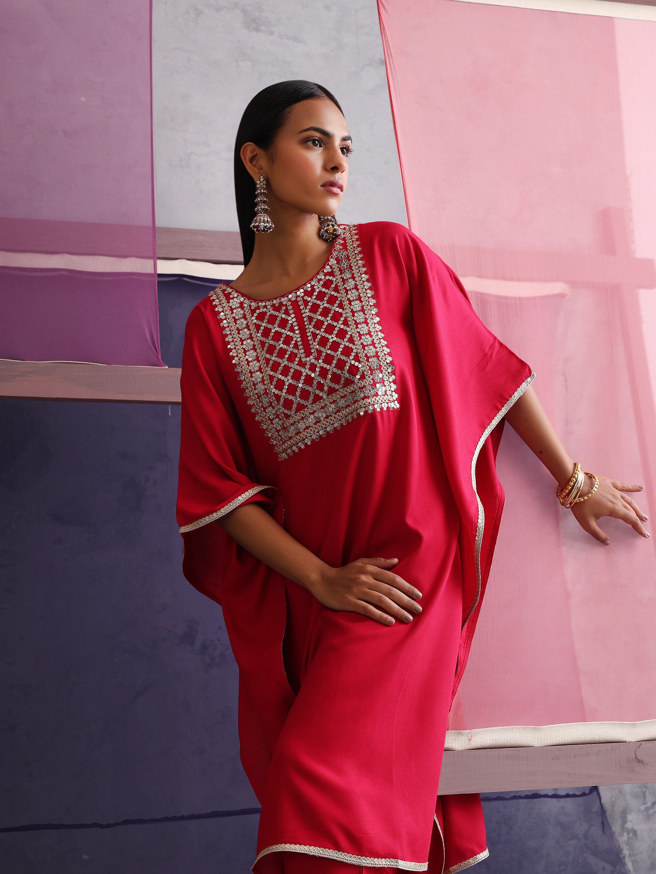 Khushal K Women Motifs Embroidered Pink Kaftan set