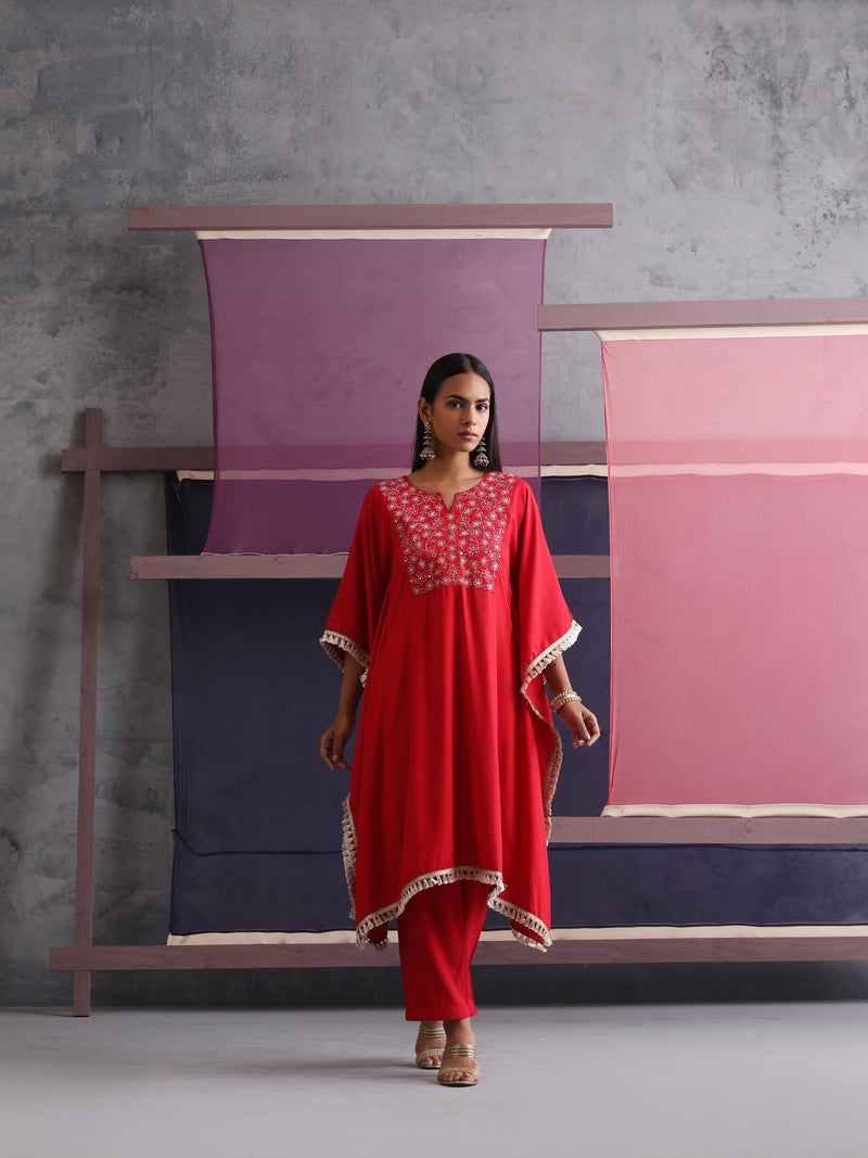 Khushal K Women Embroidered Round Neck Red Kaftan set