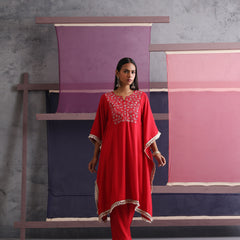 Khushal K Women Embroidered Round Neck Red Kaftan set