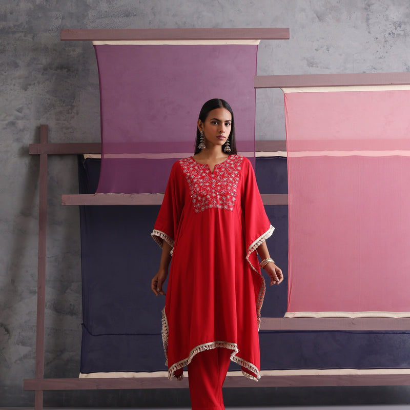 Women Embroidered Round Neck Red Kaftan Set - Khushal K - Image 2