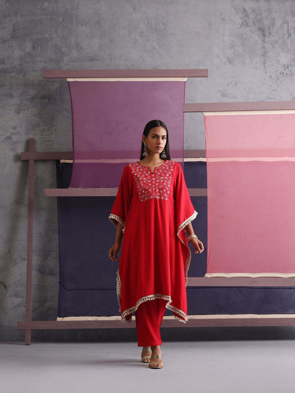 Khushal K Women Embroidered Round Neck Red Kaftan set