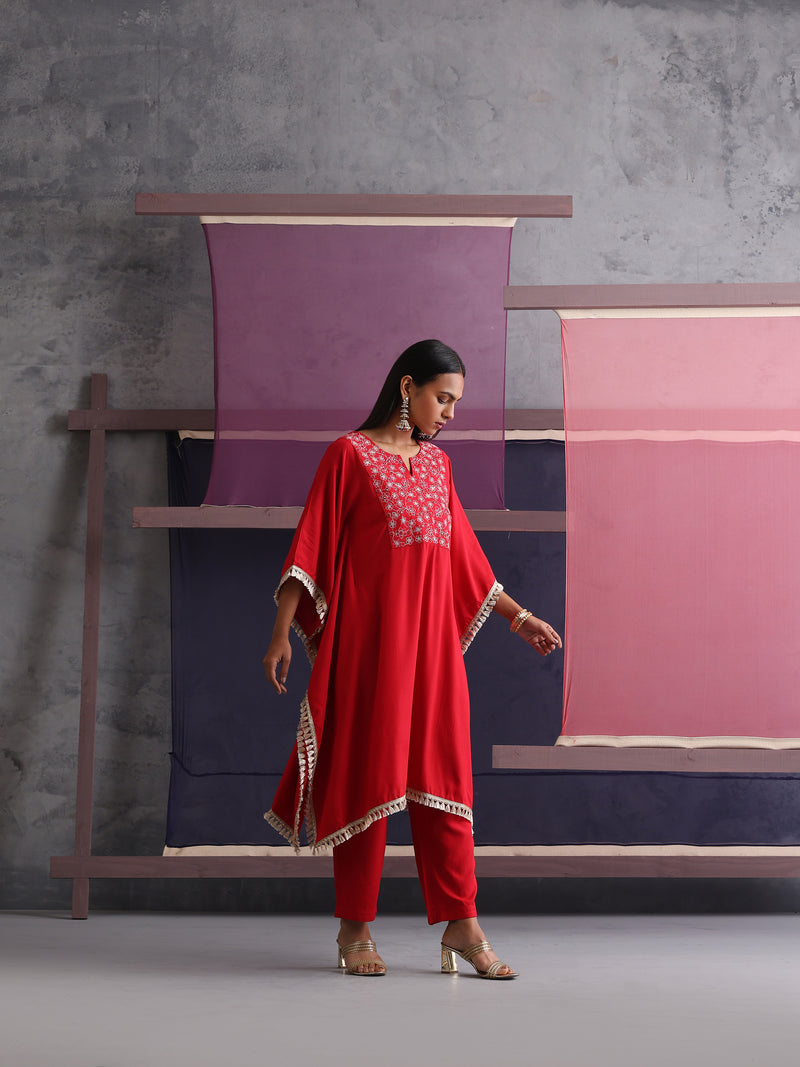 Khushal K Women Embroidered Round Neck Red Kaftan set