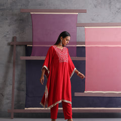 Khushal K Women Embroidered Round Neck Red Kaftan set