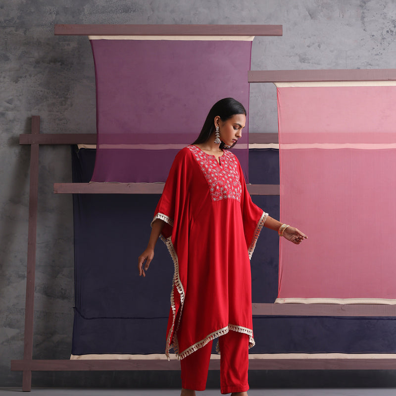 Women Embroidered Round Neck Red Kaftan Set - Khushal K - Image 5