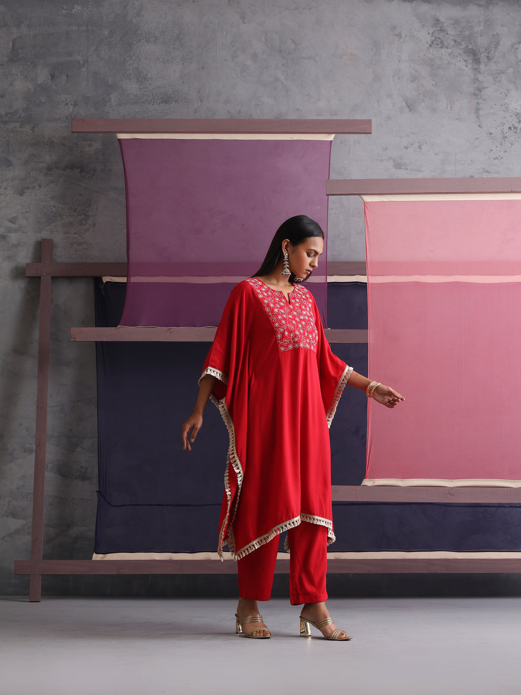 Khushal K Women Embroidered Round Neck Red Kaftan set