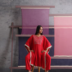 Khushal K Women Embroidered Round Neck Red Kaftan set
