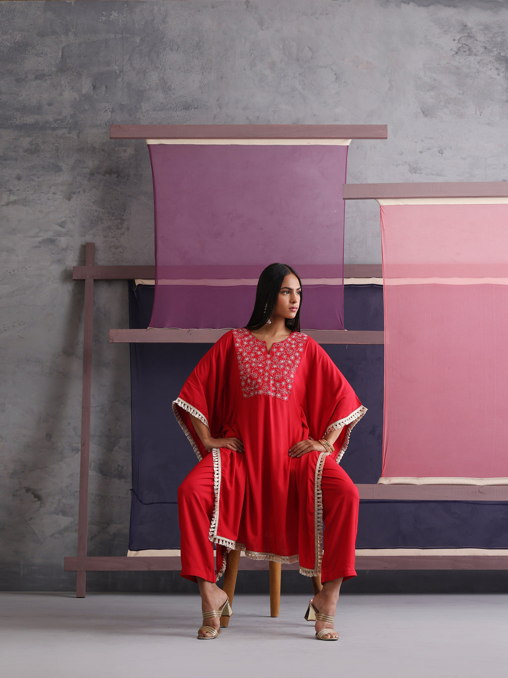 Khushal K Women Embroidered Round Neck Red Kaftan set