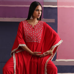 Khushal K Women Embroidered Round Neck Red Kaftan set