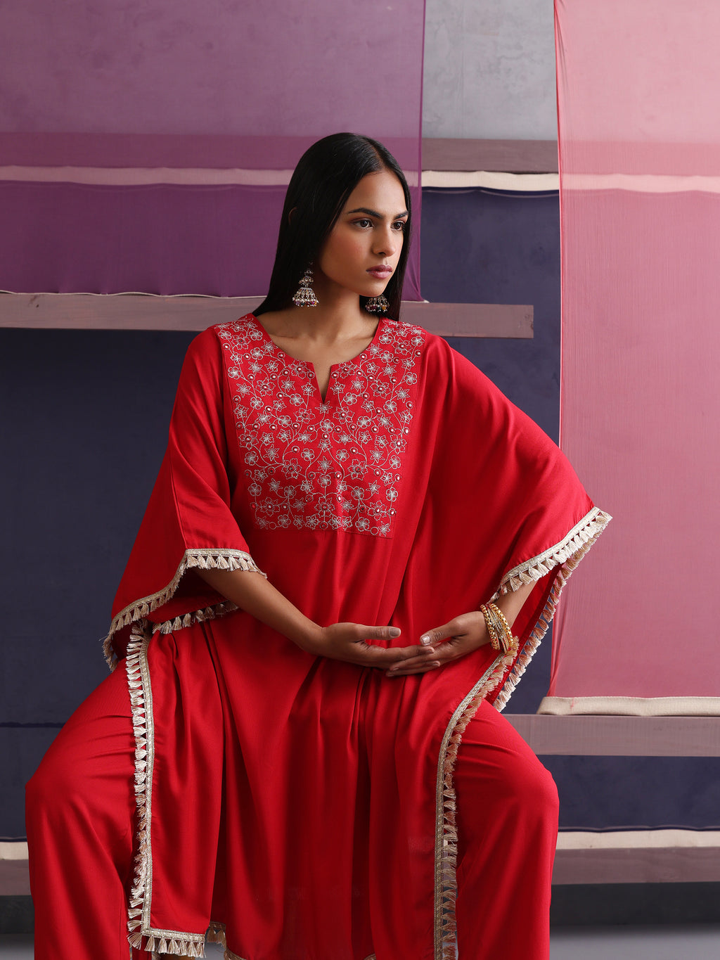 Khushal K Women Embroidered Round Neck Red Kaftan set