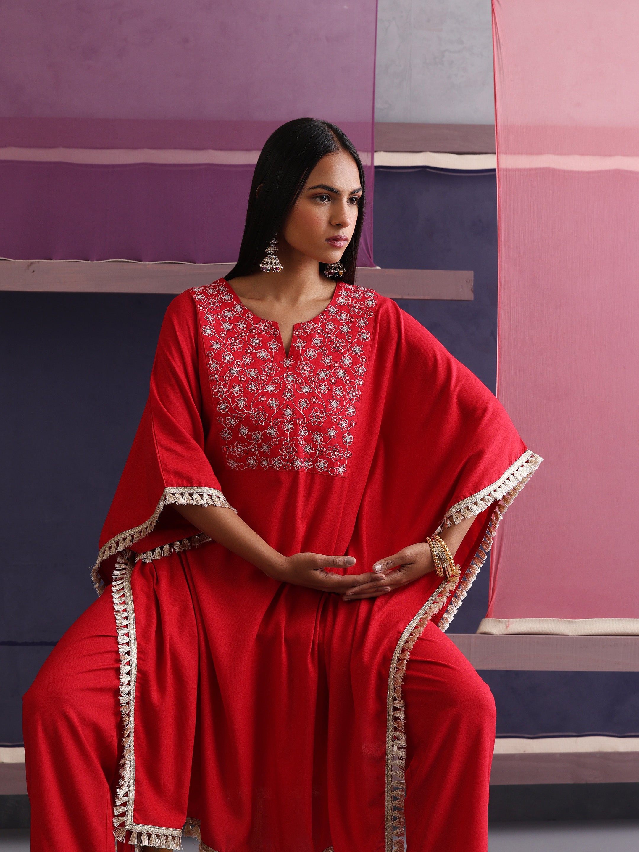 Khushal K Women Embroidered Round Neck Red Kaftan set