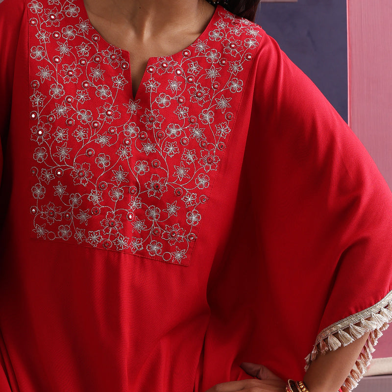 Women Embroidered Round Neck Red Kaftan Set - Khushal K - Image 10