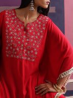 Khushal K Women Embroidered Round Neck Red Kaftan set