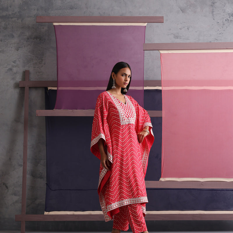 Women Ethnic Motifs Printed Red Kaftan Set - Pink - Khushal K - Image 9