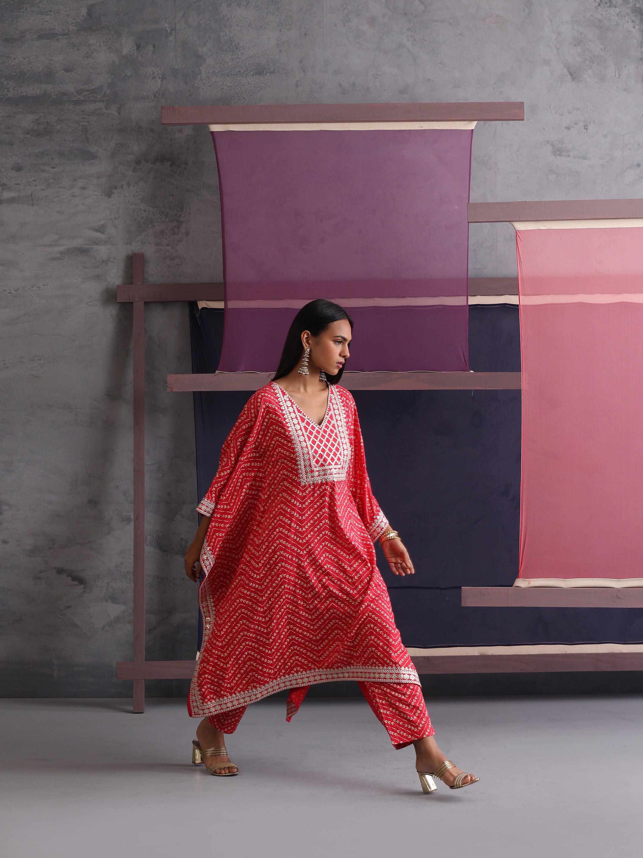 Khushal K Women Ethnic Motifs Printed Red Kaftan set