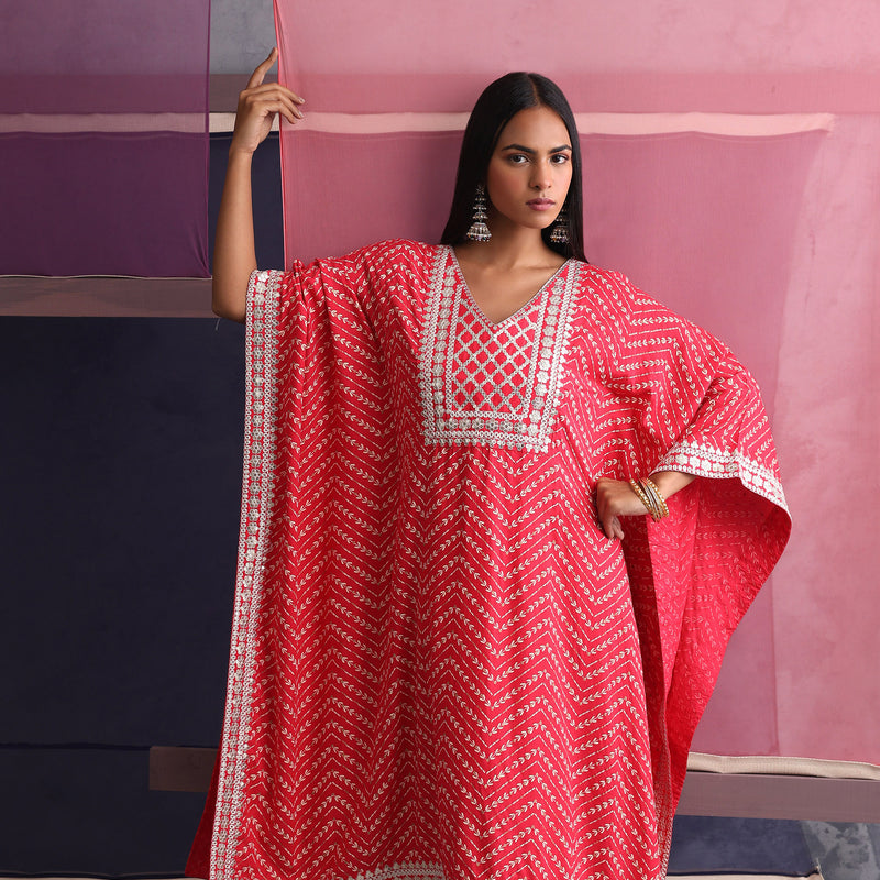 Women Ethnic Motifs Printed Red Kaftan Set - Pink - Khushal K - Image 12