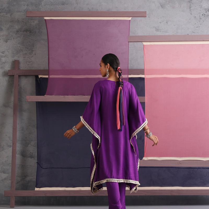 Women Embroidered Round Neck Purple Kaftan Set - Khushal K - Image 4
