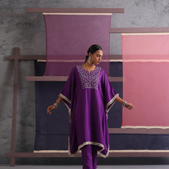 Khushal K Women Embroidered Round Neck Purple Kaftan set