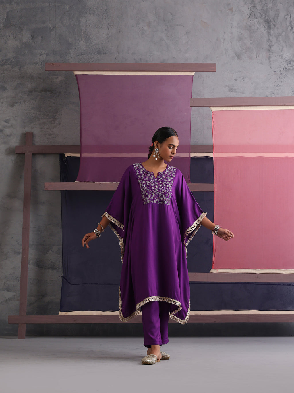 Khushal K Women Embroidered Round Neck Purple Kaftan set