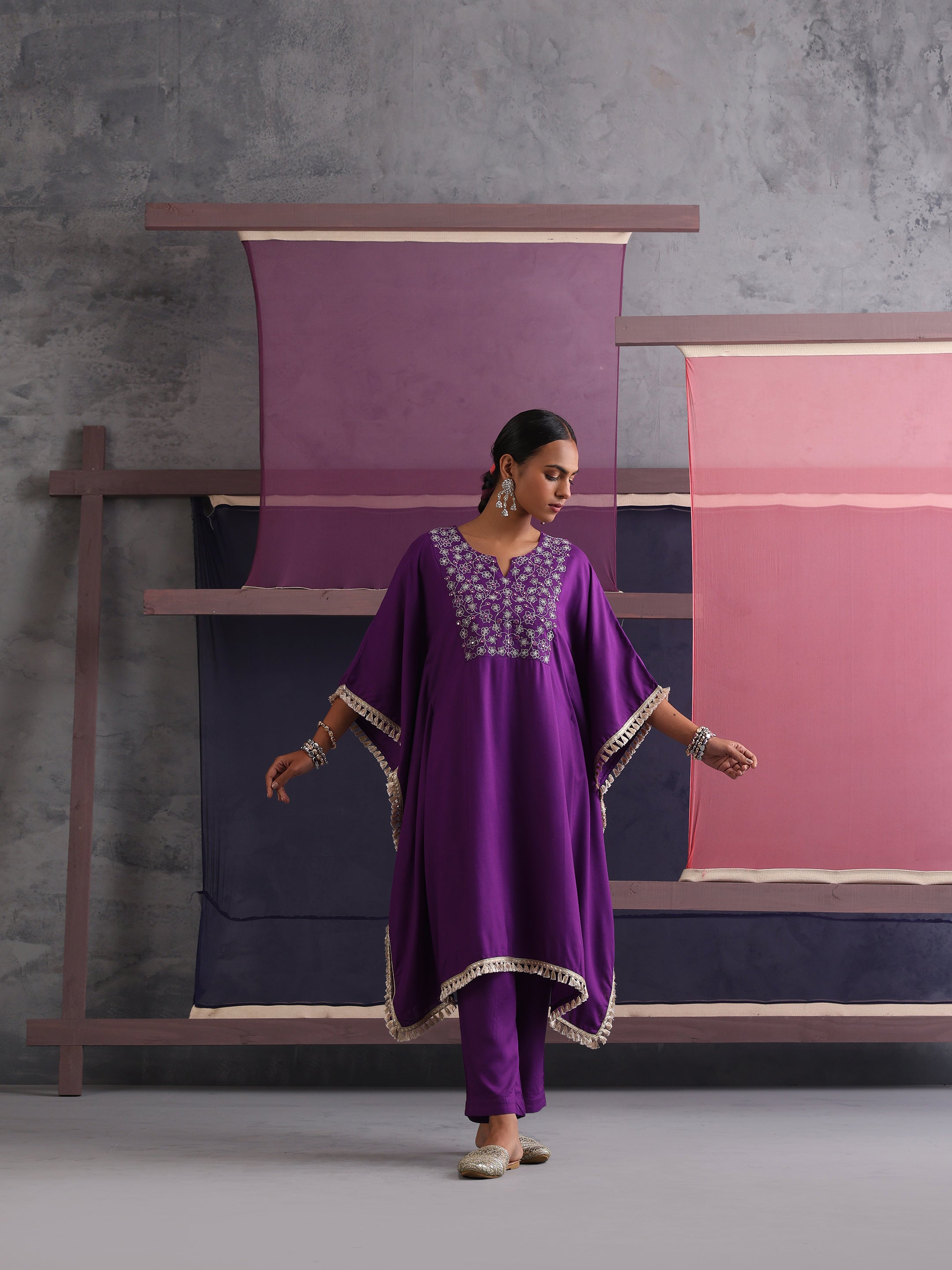 Khushal K Women Embroidered Round Neck Purple Kaftan set