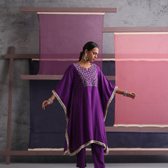 Khushal K Women Embroidered Round Neck Purple Kaftan set