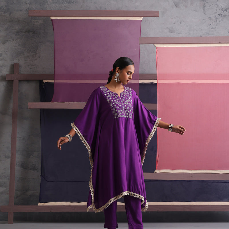 Women Embroidered Round Neck Purple Kaftan Set - Khushal K - Image 10