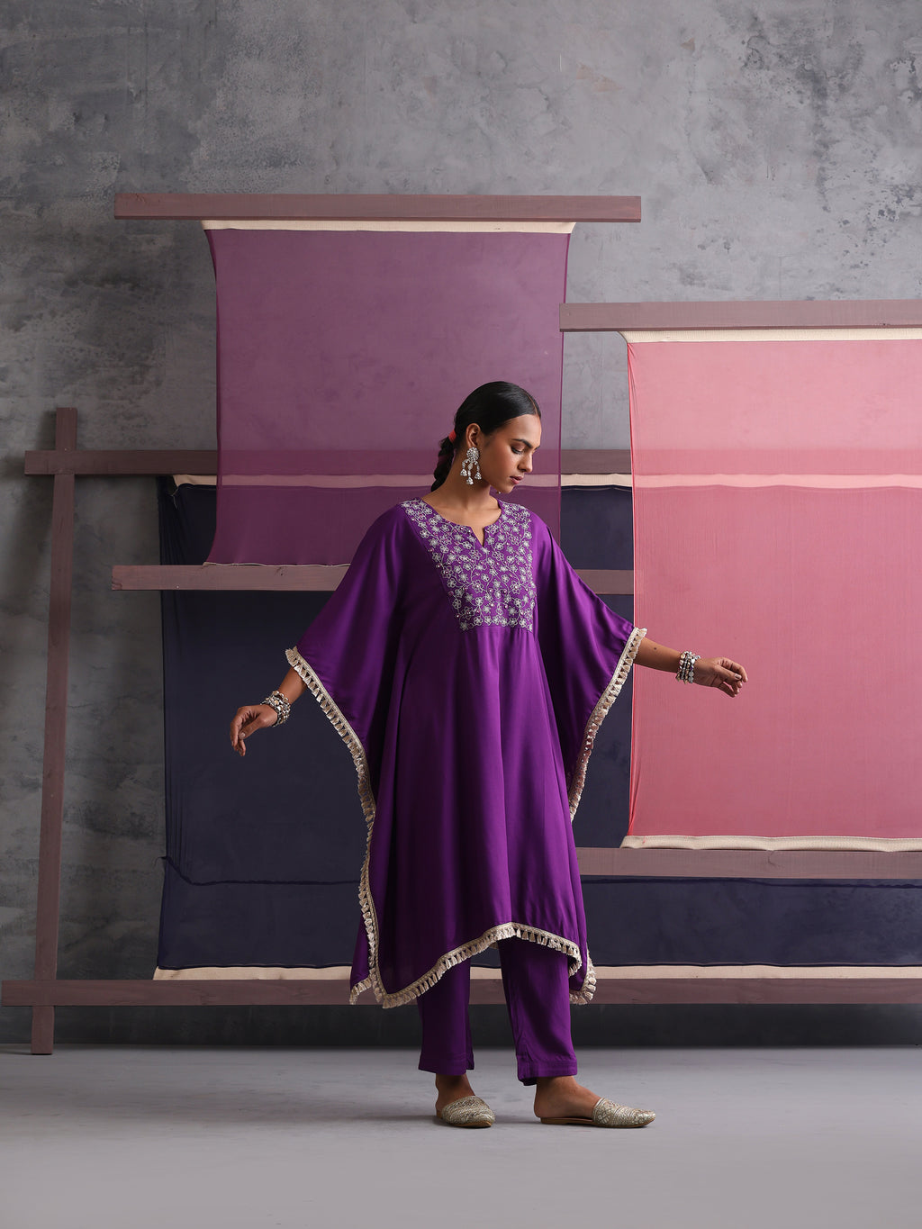 Khushal K Women Embroidered Round Neck Purple Kaftan set