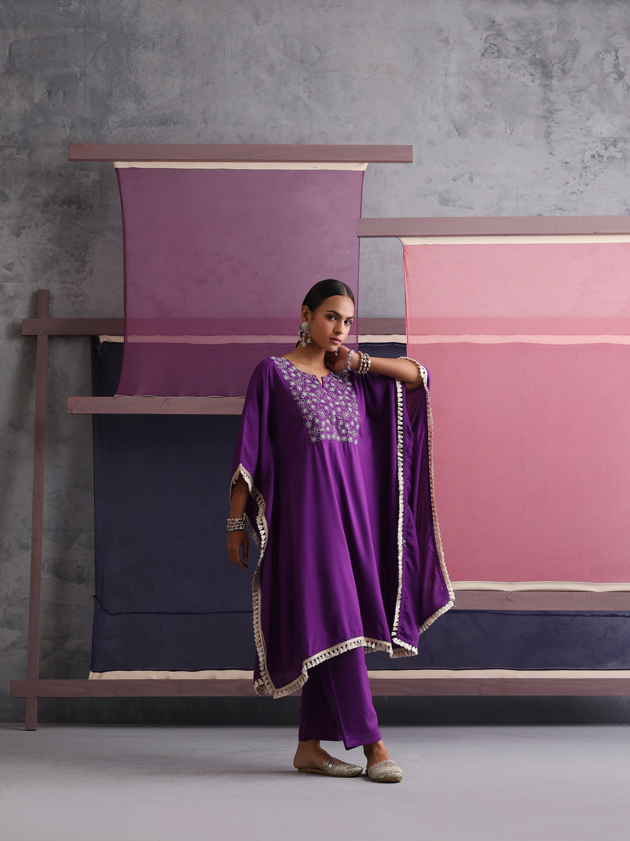 Khushal K Women Embroidered Round Neck Purple Kaftan set